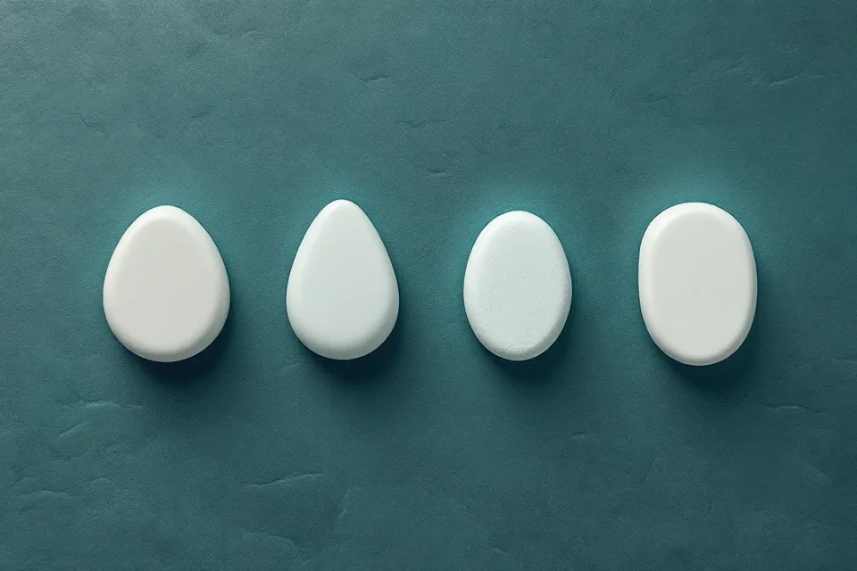 Separate pale ceramic shapes and a glass ring arranged on a teal surface.