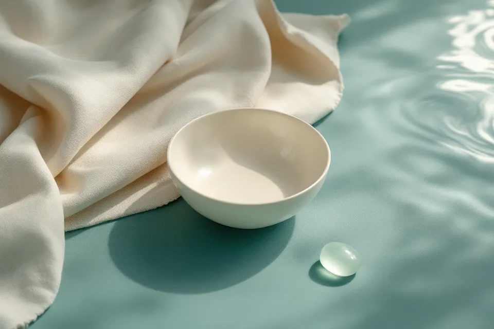 A pale ceramic bowl, folded linen, and a sea-glass stone in blue-green light.